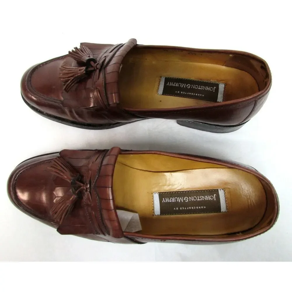 Johnston & Murphy men's size 8.5 M brown leather loafers shoes kilt tassels